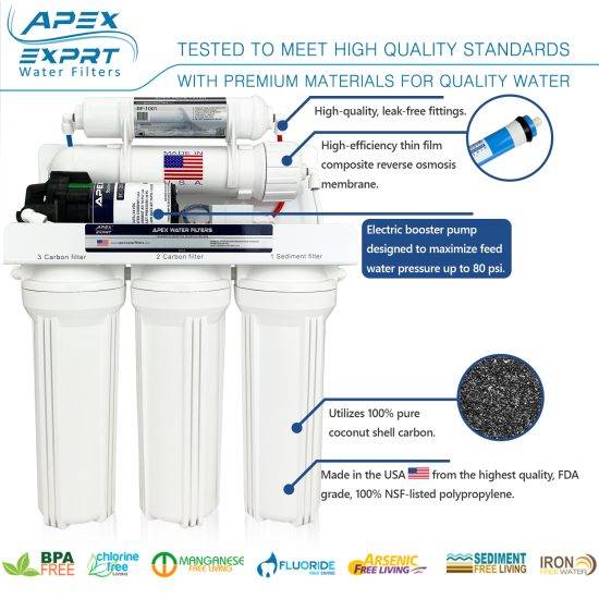 5 Stage Under the Sink Reverse Osmosis 75 GPD Drinking Water Filter System with Pump